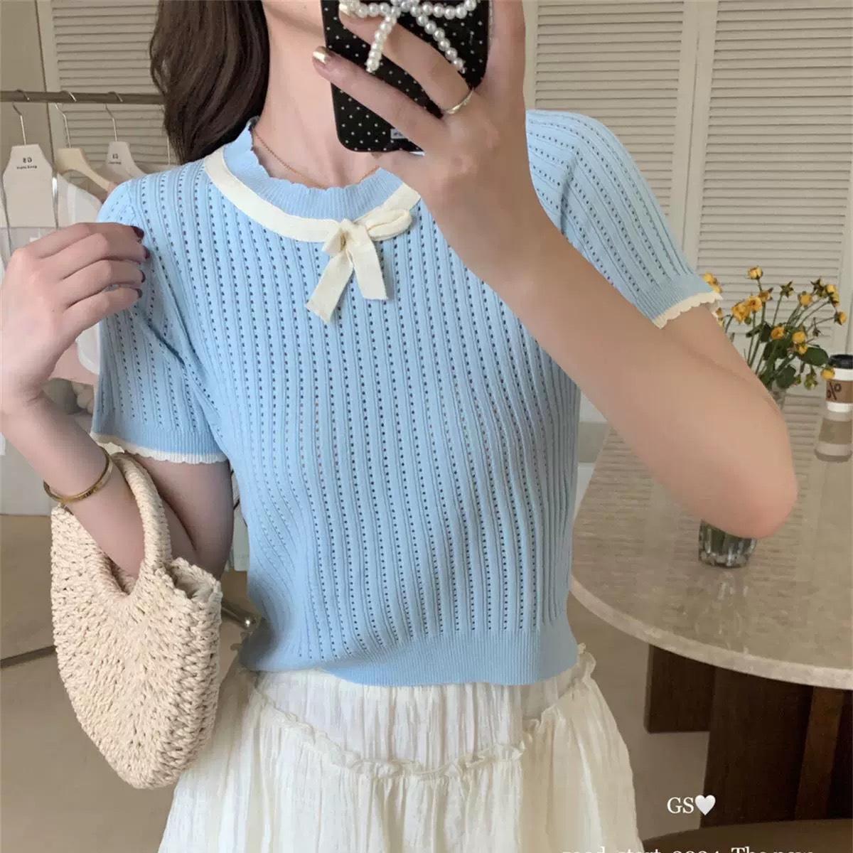 

Exquisite Light Purple Bow Knit Short Sleeve Women s Top One Size (up to 125 jin)