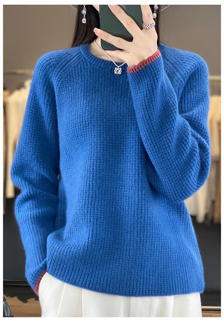 Women's Slim-Fit Color-Block Waffle Knit Wool Sweater - Stylish, Age-Reducing, Thickened Round Neck Base Layer Sweater, New Arrival
