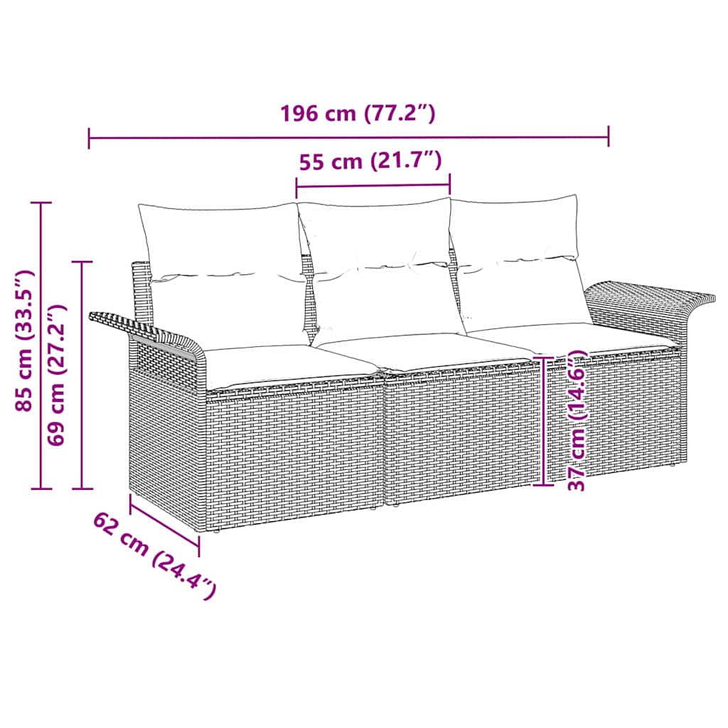 Garden Sofa Set with Cushions 3 pcs Black Poly Rattan