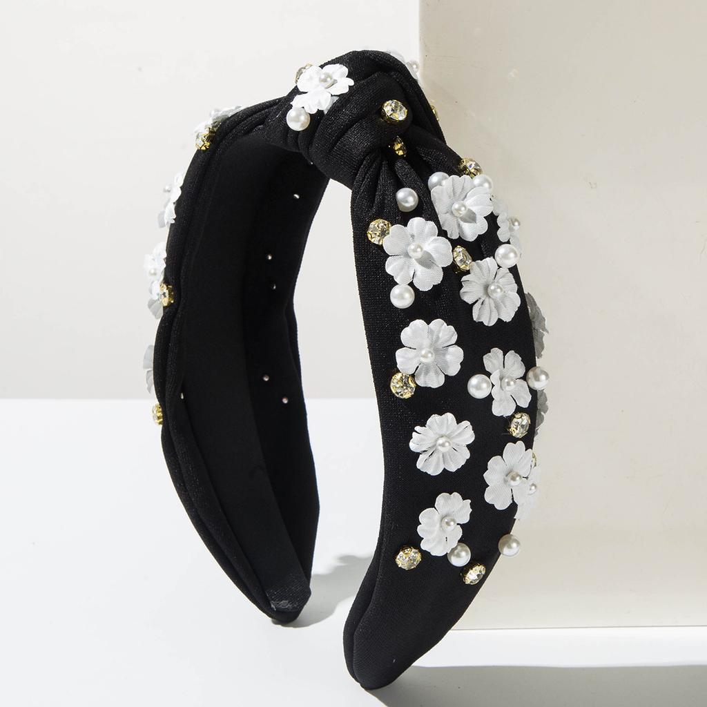 Stylish Solid Color Rhinestone Pearl Flower Wide-brimmed Knotted Headband for Women, Fresh, Sweet and Versatile Outerwear Accessory.