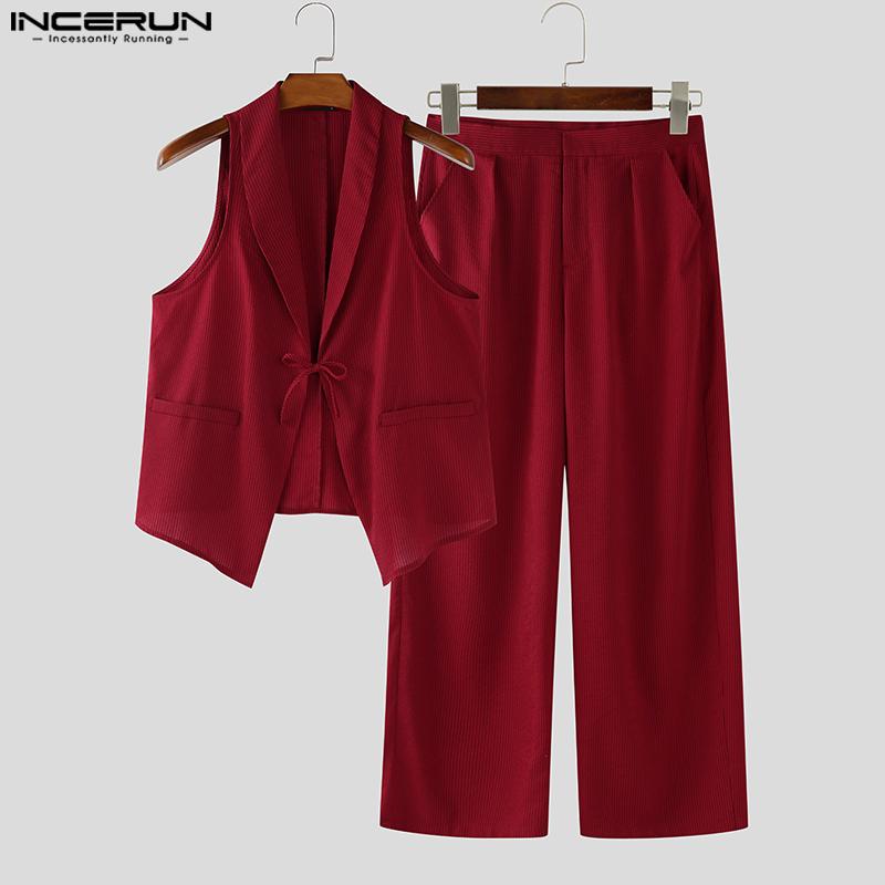 INCERUN Two Pieces Men Striped Sleeveless Vest and Zip-up Long Suit Pants Sets