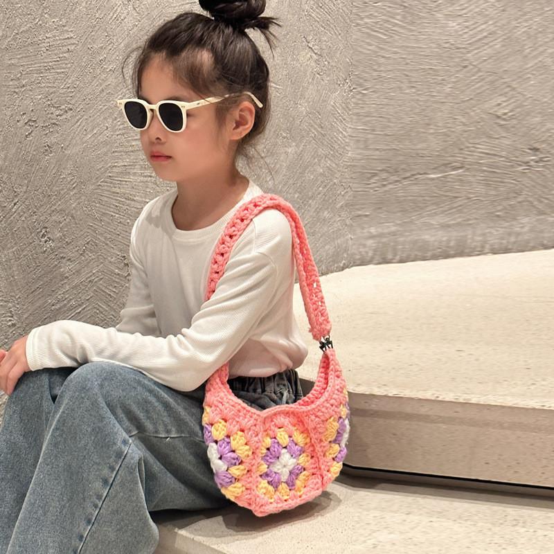 Adorable Knitted Crescent Shaped Kids Bag For Girls With Floral Patterns Perfect For Daily Use