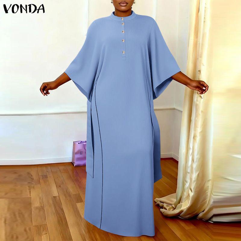 VONDA Elegant Women Batwing Sleeve Belt Waist Casual Loose Maxi Dress