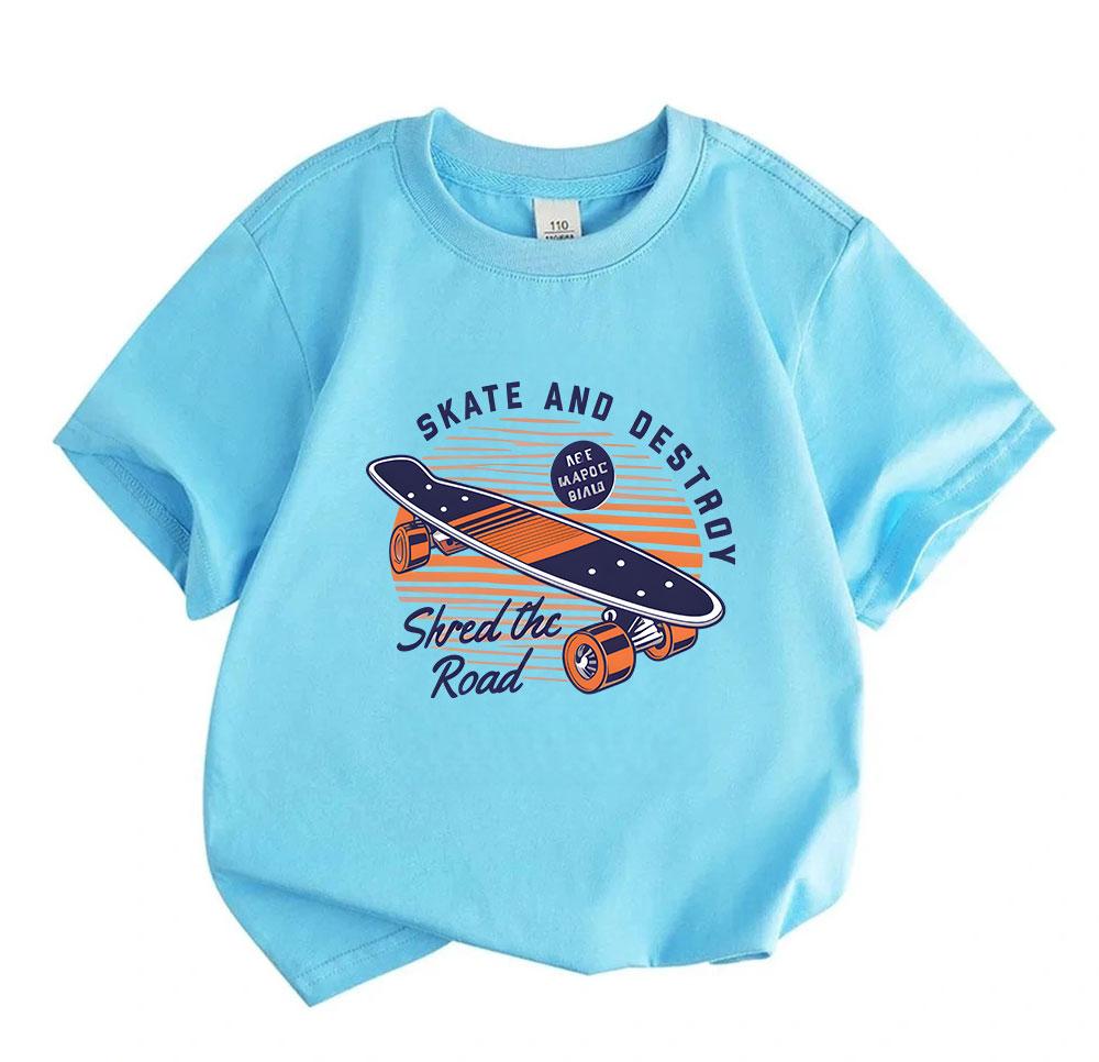 Kids Boys Girls 100% Cotton Crew Neck Short Sleeve T-Shirt, Retro Skateboard Skate And Destroy Shred The Road Print Casual Tee For Children Daily Wear