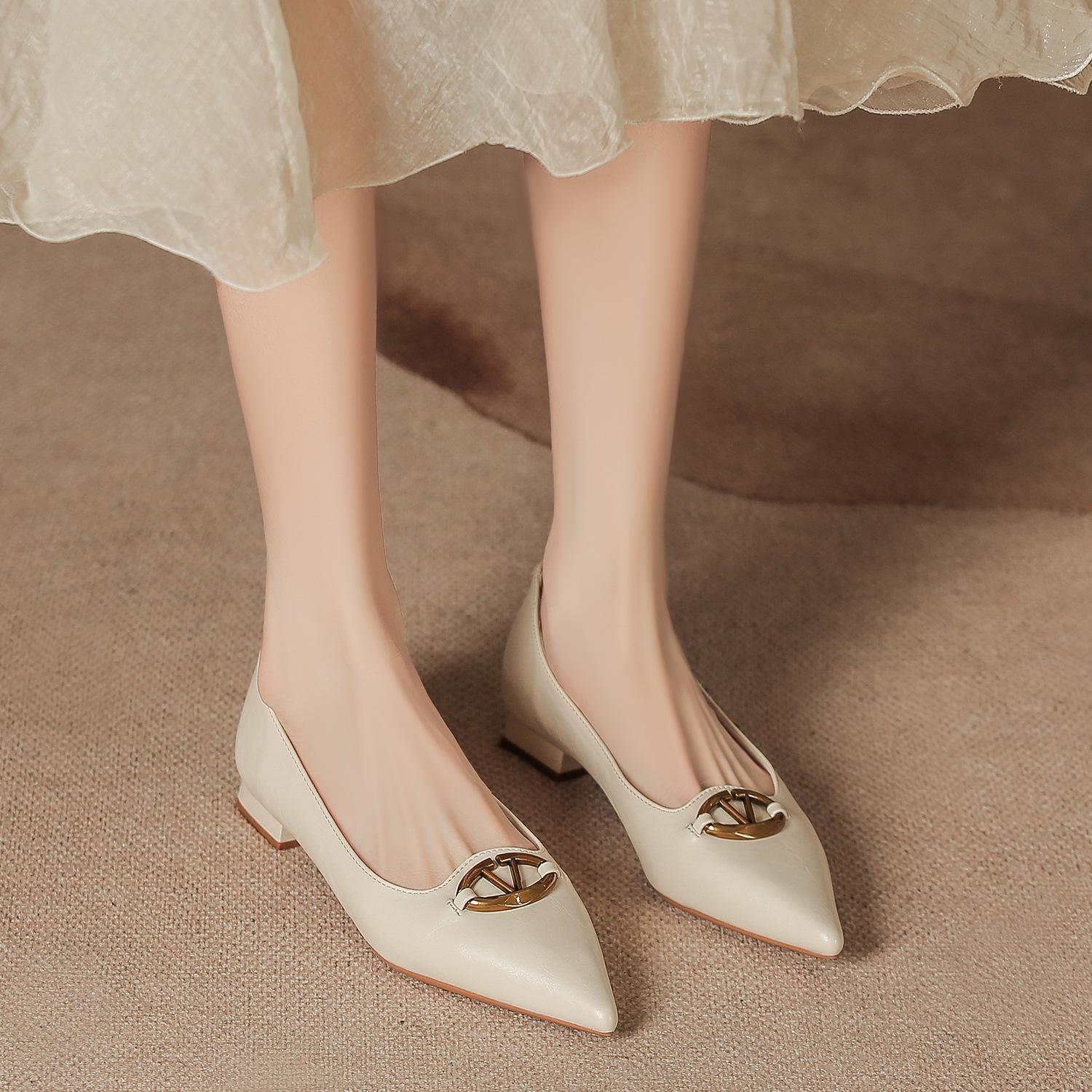 

H375-3 thick heel single shoes women s new pointed metal buckle light mouth high heels 3CM short heel soft sole black women s shoes 40