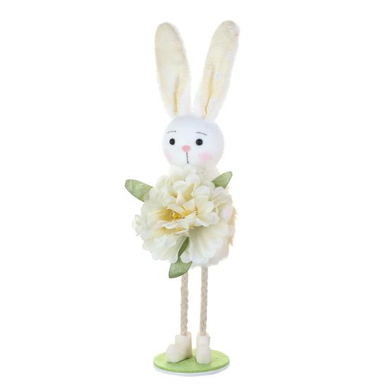 

Easter Standing Bunny Doll Cute Fabric Rabbit Figurine with Artificial Flower for Spring Home Shelf Table Decor білий