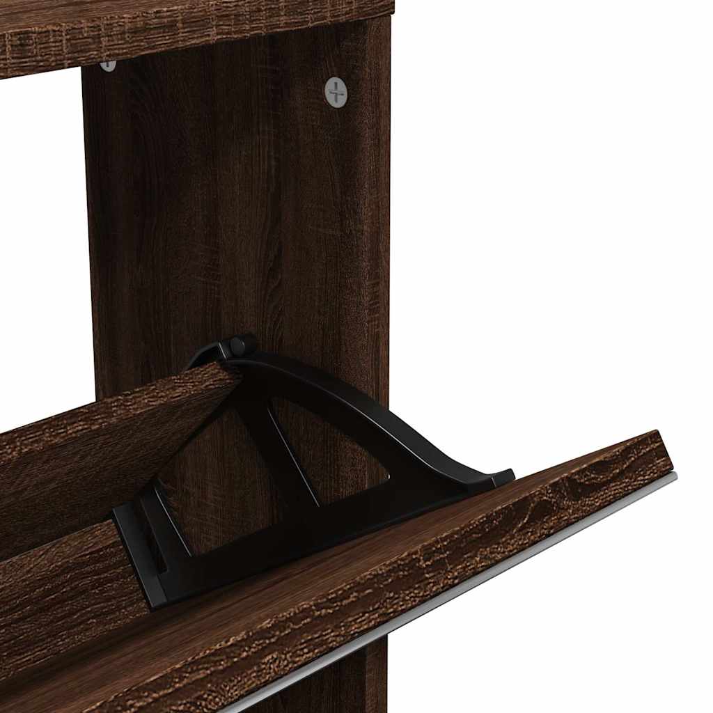 Shoe Cabinet with Mirror 5 Flip Down Compartments Brown Oak Finish 63 x 17 x 169.5 cm
