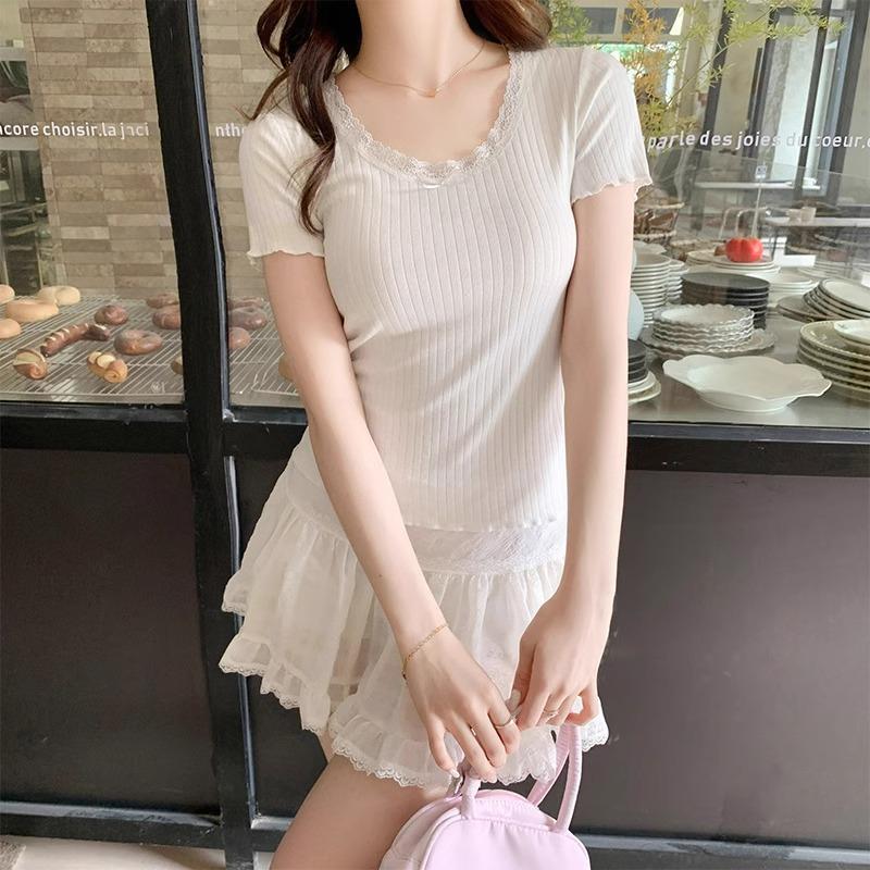U-neck collarbone pure desire sweet hottie lace short-sleeved t-shirt women's spring and summer design short front shoulder bm small top
