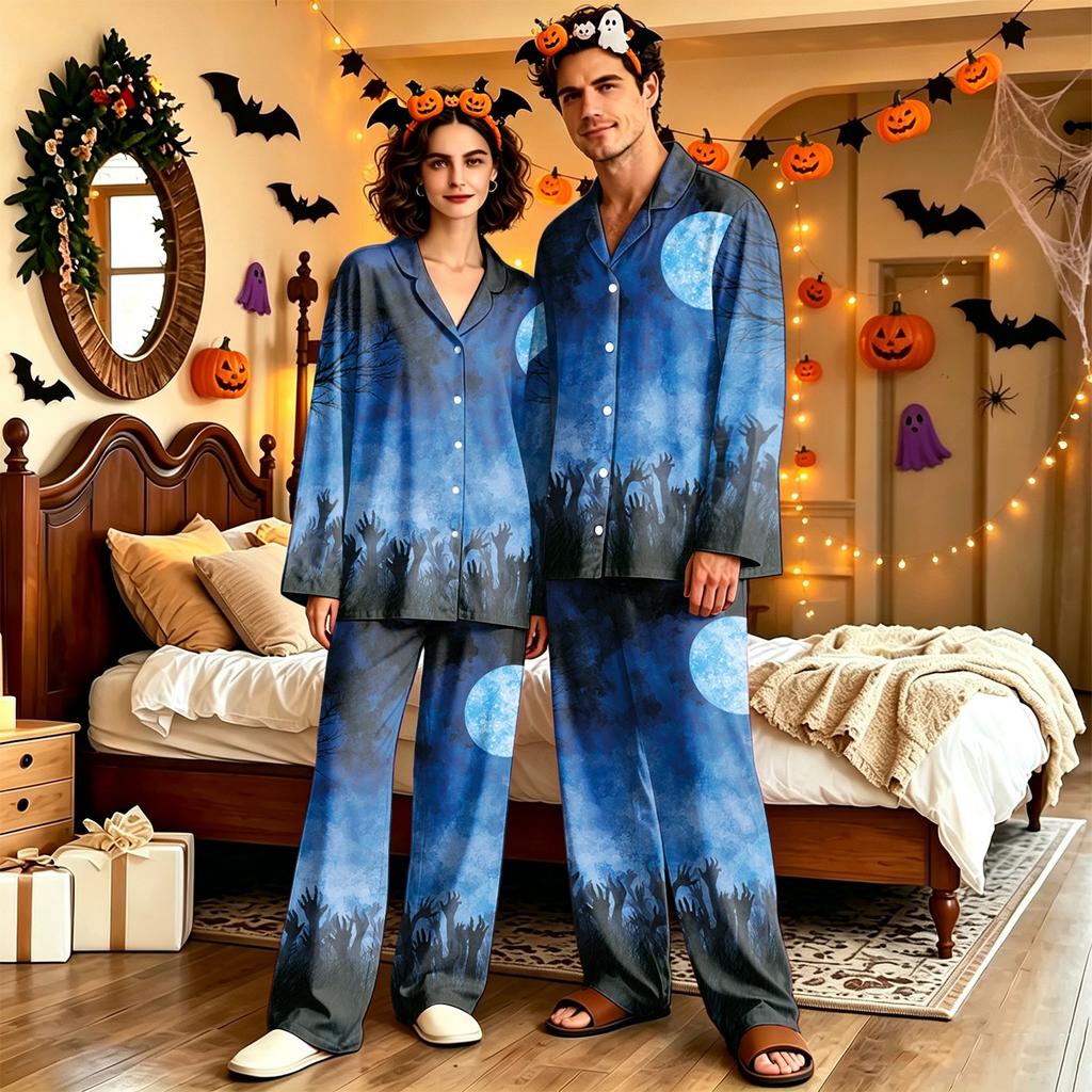 Adult Halloween Pajama Set Long Sleeve Long Pants Casual Loose Fit Sleepwear for Women and Men