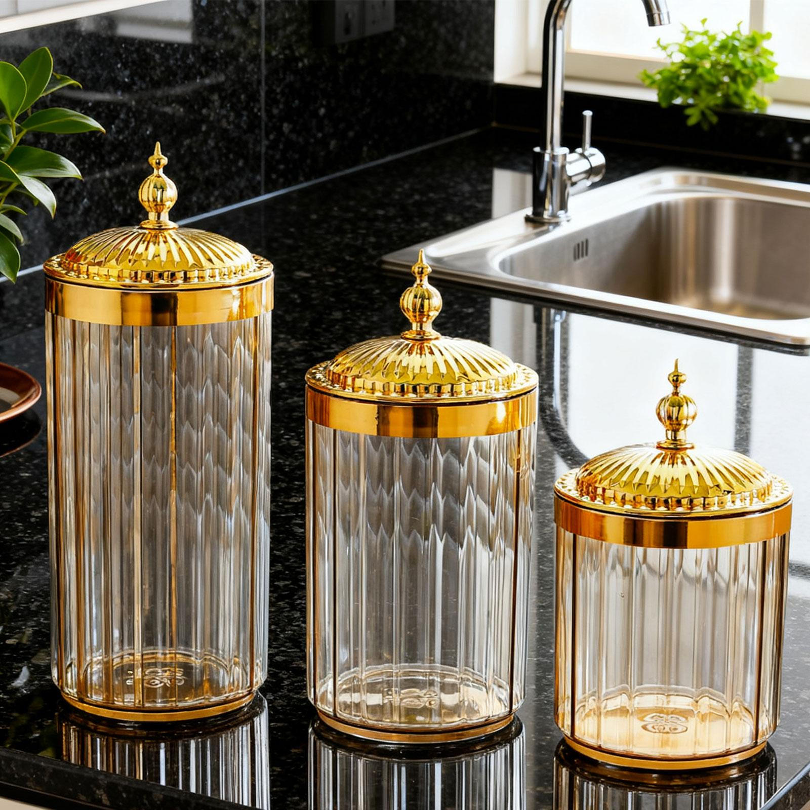 

Food Storage Jars, Airtight Transparent PP Containers for Candy, Sugar, Coffee, Nuts, And Other Amber Jar Gold Top