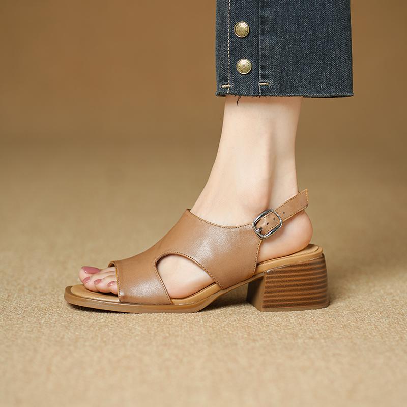 Fashion Retro Genuine Leather Women Sandals 2025 Summer New Shoes Open Toe Rome Style High Heels Fashion Buckle Gladiator Shoes Woman