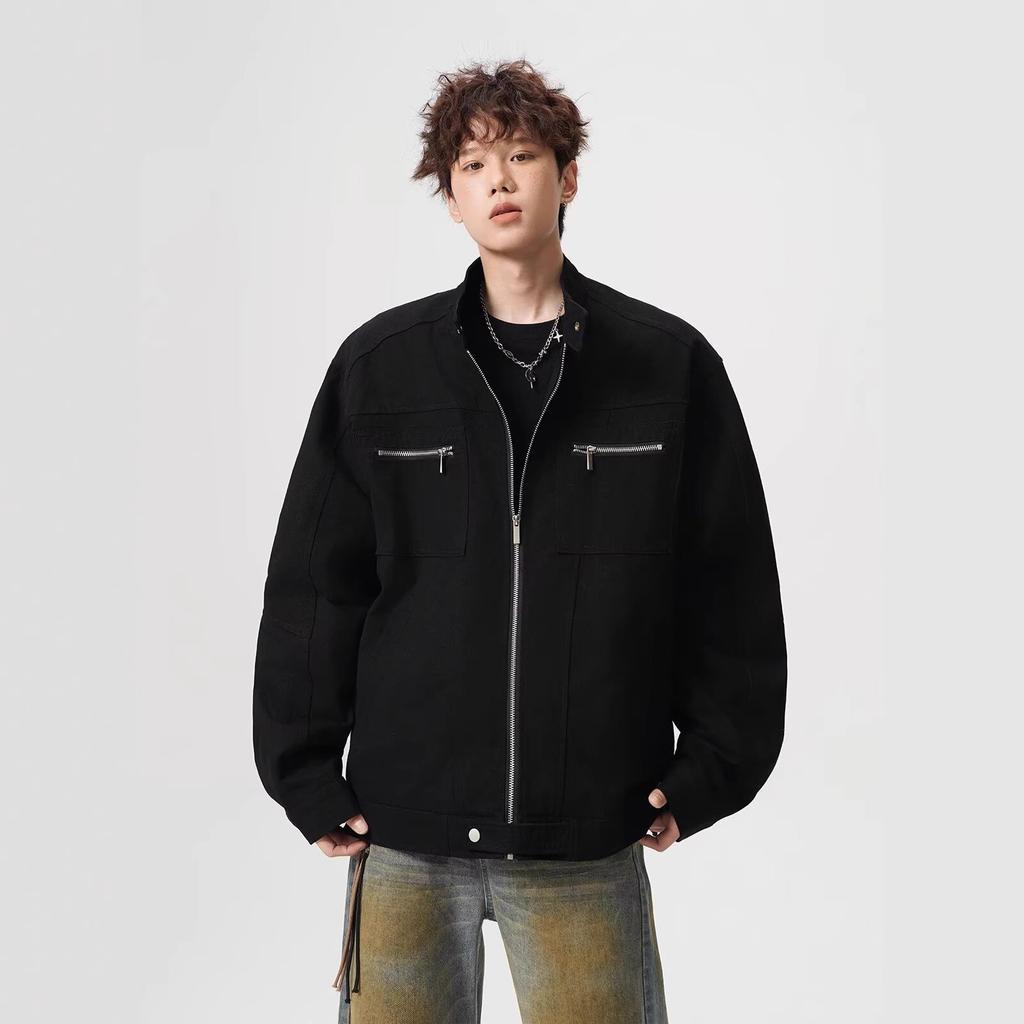 American washed canvas jacket men's spring and autumn trendy brand short stand-up collar tooling jacket pocket ruffian handsome couple top