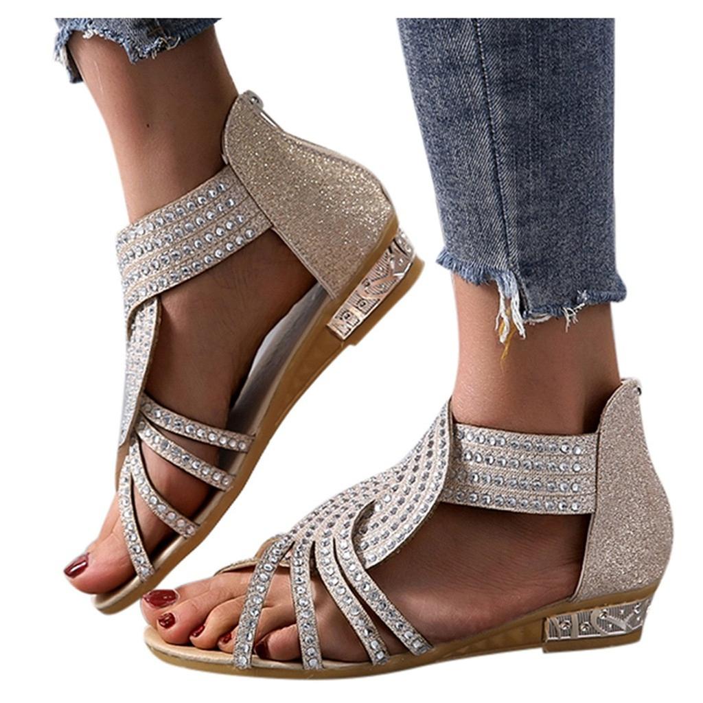 Sandals Women Women'S Ladies Fashion Vintage Crystal Outdoor Hollow Out Zip Up Sandals Shoes Womens Sandals Pu