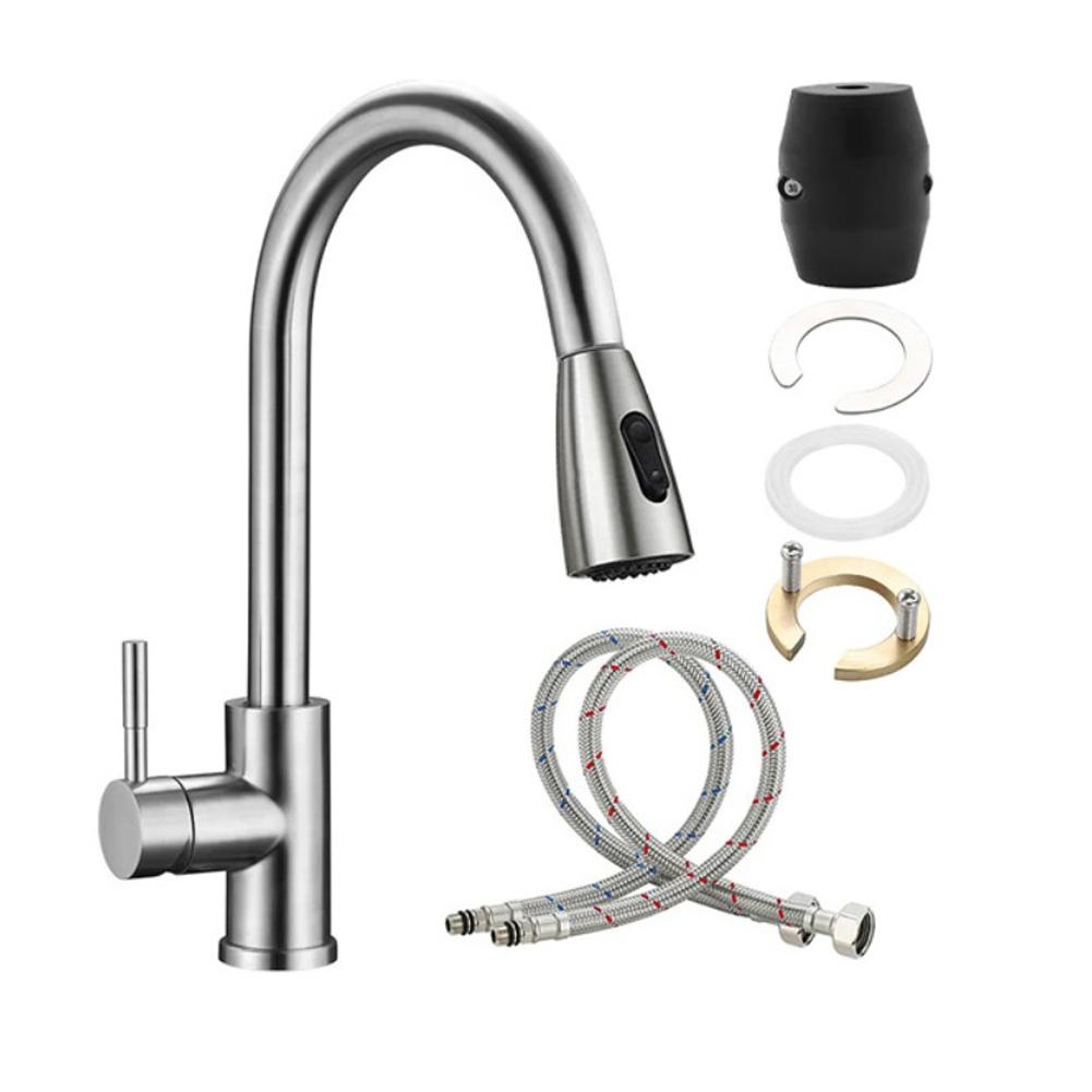 Sleek Pull Down Stainless Steel For Kitchen Faucet Hot Cold Mixer with 360 Rotation and Telescopic Reach for Sink