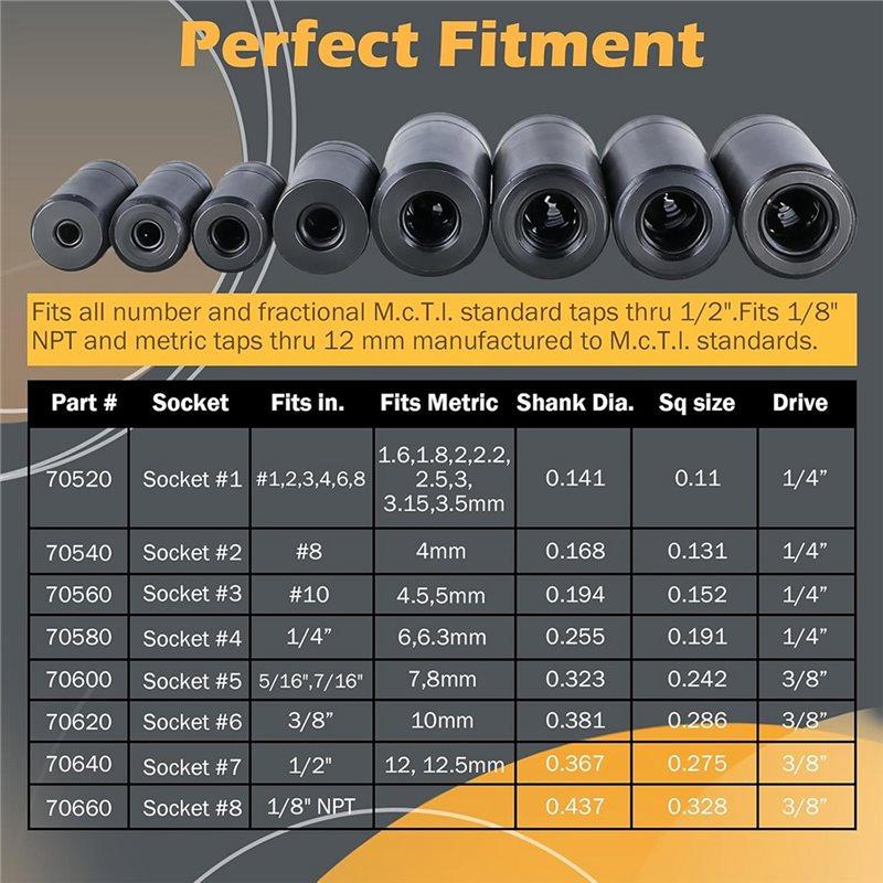 ABMH-70500 Gängtappsockelset 8 st Använd med 1/4" & 3/8" fyrkantsfäste, Passar MCTI Standard gängtapp (1/2" & 1/8" NPT, Upp till 12 mm metrisk)