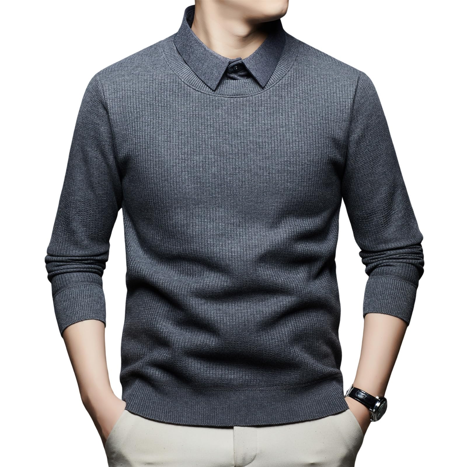 

MYMRIN Wool Sweater with Waffle and Soft Fleece Lining for Perfect for Office Casual Thick and Warmth Size Men s Shirt-Style Collar, Knit, Comfort, сірий колір