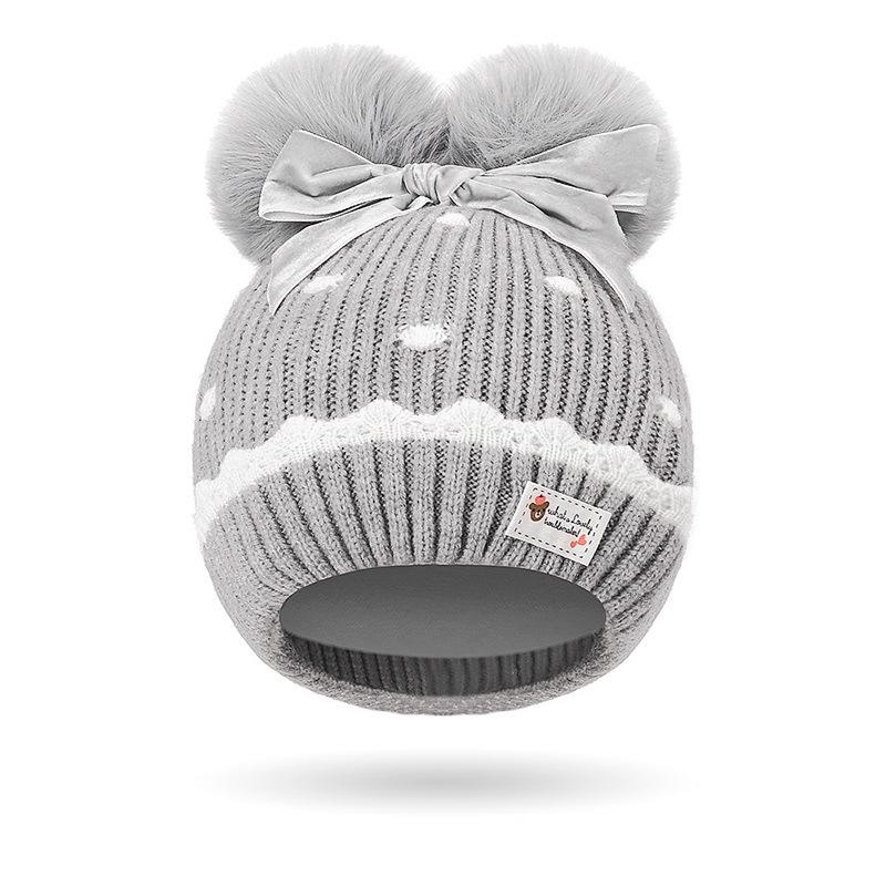 Chapéu de outono inverno infantil, laço de bola de cabelo de menina, proteção de orelha de malha quente, chapéu de lã para bebê