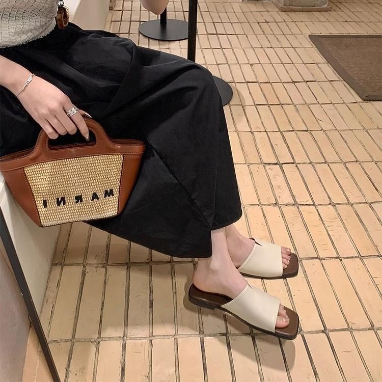 

Su Yinyin has the same French square head flat bottom cool slippers for women s casual versatile soft leather with slippers for women s outer wear su 40 белый