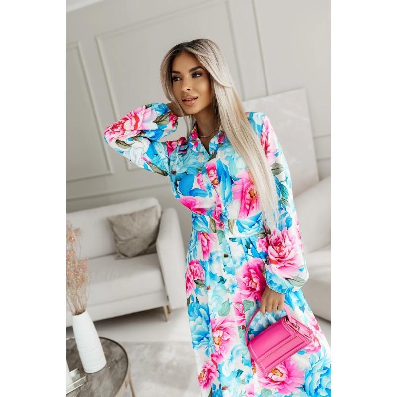 Elegant Women's Long Sleeve Floral Print Shirt Collar Midi Dress, Autumn Party Loose Belted Dress Casual Fashion with Lantern Sleeve Button Clothing