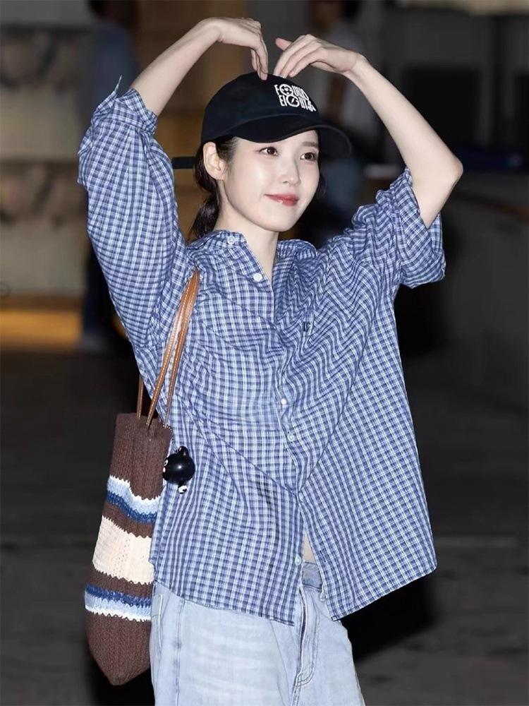 Han Ke IU Blue Plaid Drop Shoulder Loose Long Sleeve Shirt for Women - Spring Collection