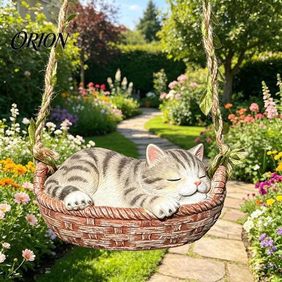 Pastoral Style Gardening Decoration Hanging Basket Cat Statue, Cute Sleeping Kitten Figurine, Animal Sculpture for Patio Resin Ornament Outdoor Garden