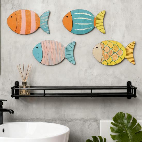 4 Pcs Wood Fish Nautical Beach Wall Decor Coastal Ocean Theme Wooden Fish Wall Art Rustic Lake House Wall Sculpture for Living Room Bedroom Bathroom