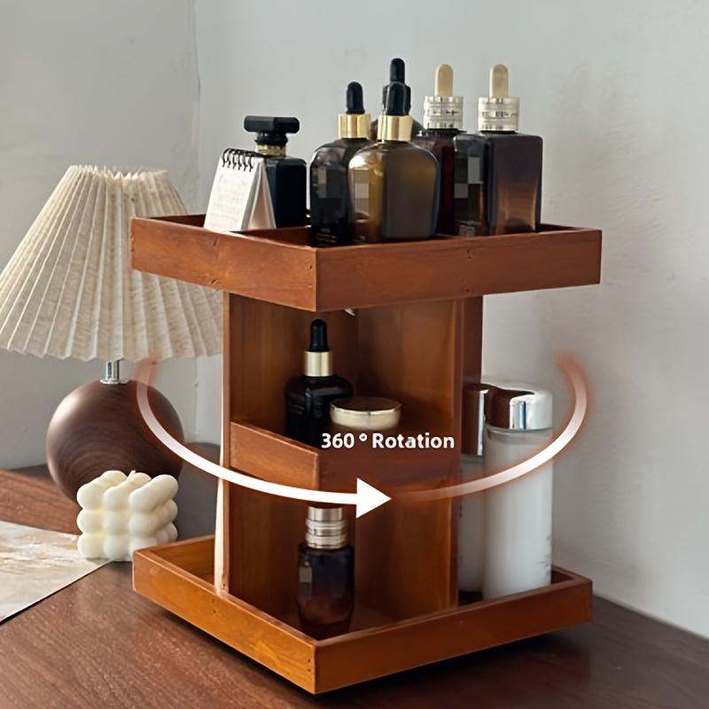 360 Rotating Wooden Makeup Organizer Large Japanese Style Cosmetic Storage Box for Desktop