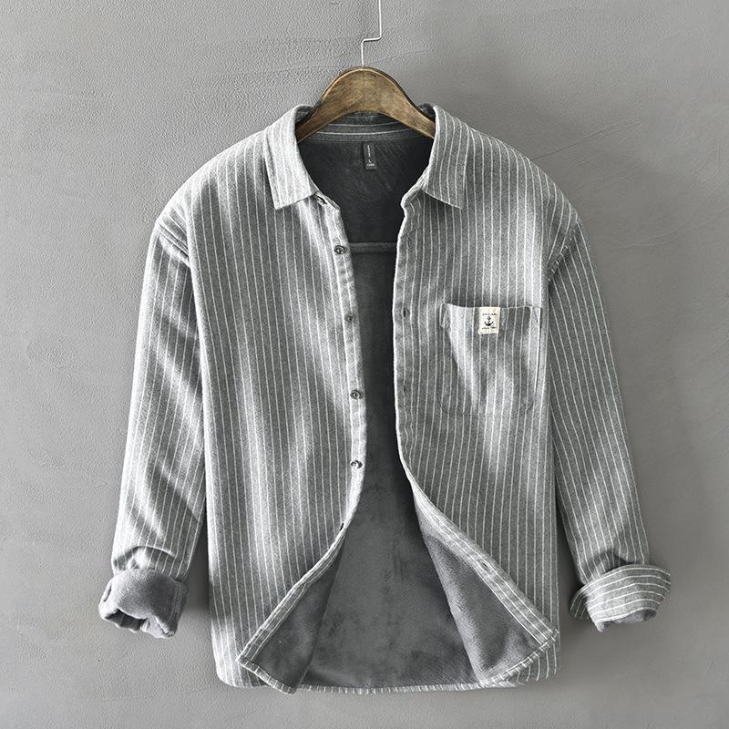 Winter Warm Men Shirt Daily Casual Men Tops Korean Style Striped Fleece Shirt Lapel Collar Brushed Button Up Shirt
