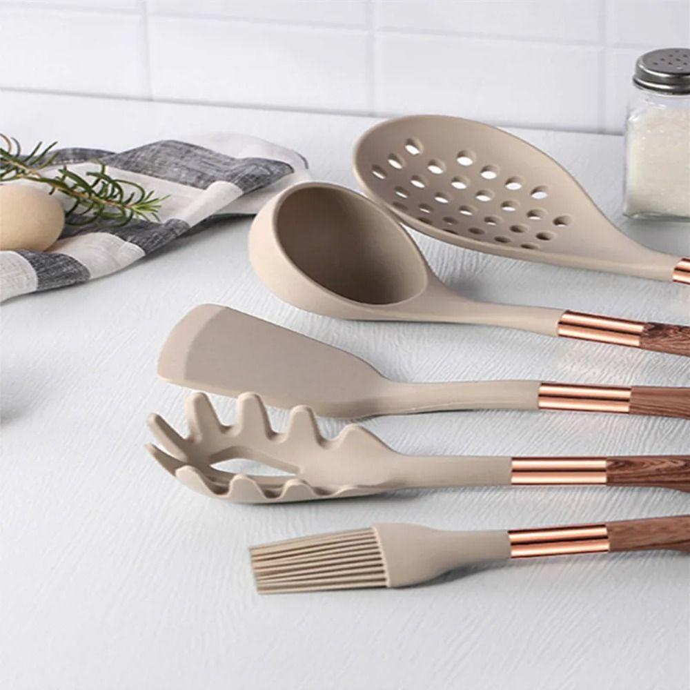 Long Wooden Handle Cooking Tool Set Silicone Spatula Tools Frying Spatula  Kitchen Utensils