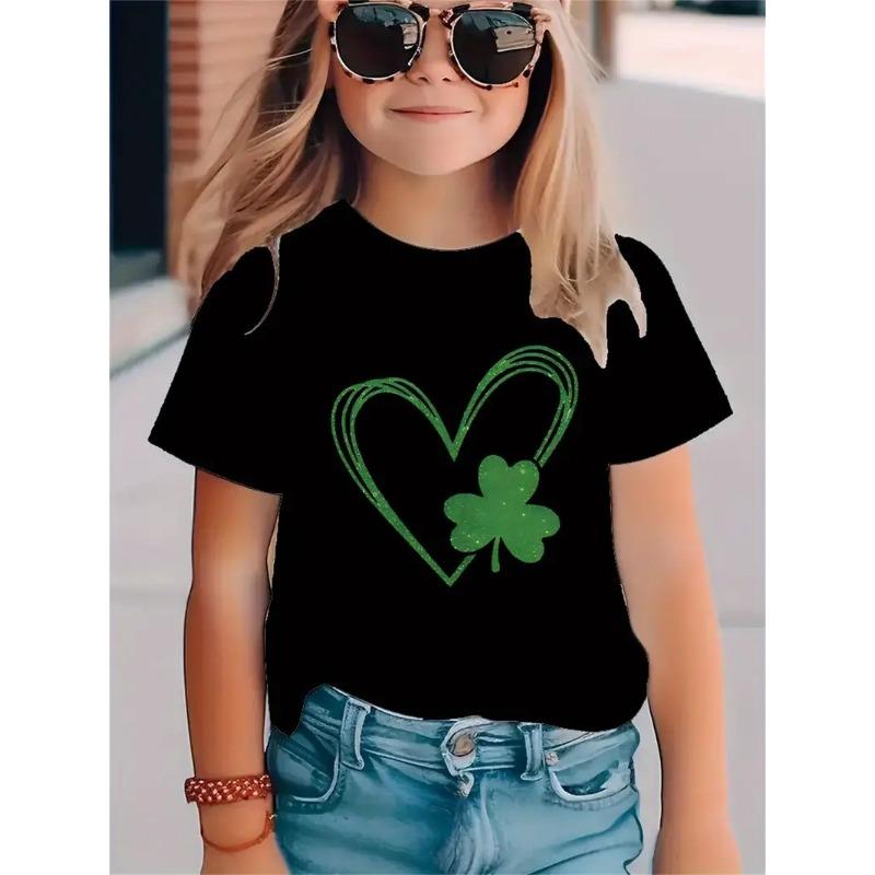Fashionable Simple Fresh Four Leaf Clover Pattern Girls' Round Neck Pullover Short Sleeved Shirt