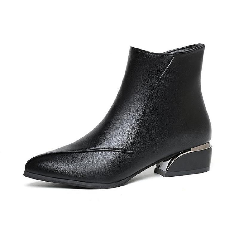 Autumn and Winter New Versatile Small Short Boots Women's Thick Heel Soft Sole Medium Cotton Shoes Soft Leather Medium Heel Women's Boots
