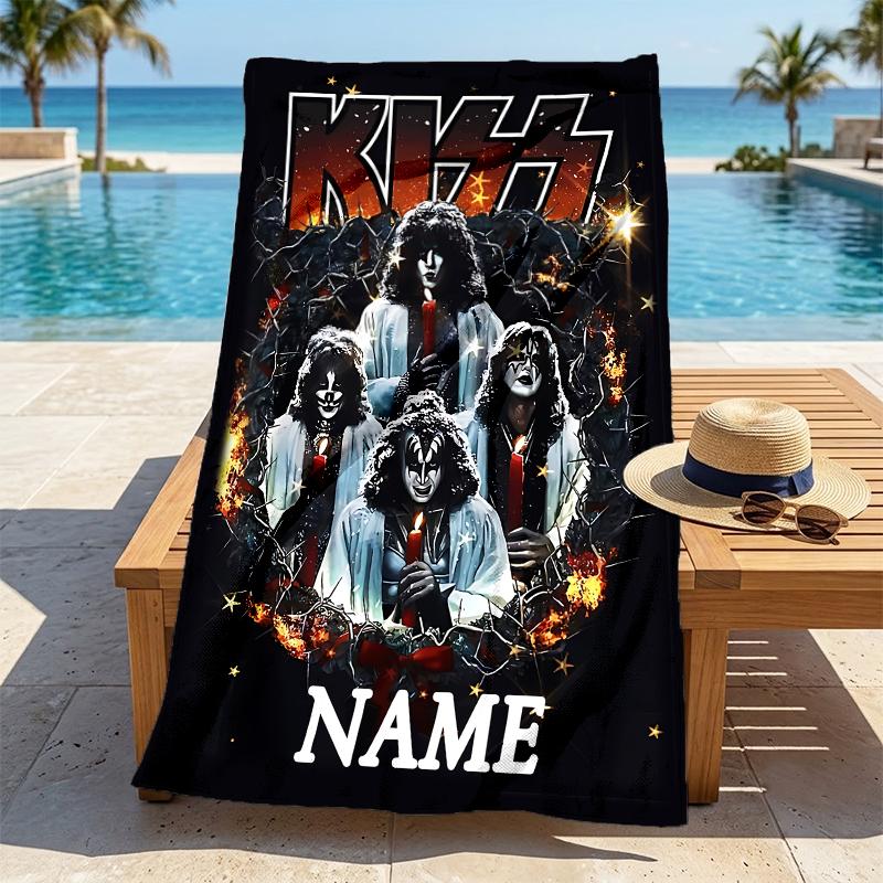 Personalisierter Name KISS Band Stilvolles Digitaldruck Strandtuch Schnelltrocknende Saugfähige Decke für Strand Pool Fitnessstudio Reisen