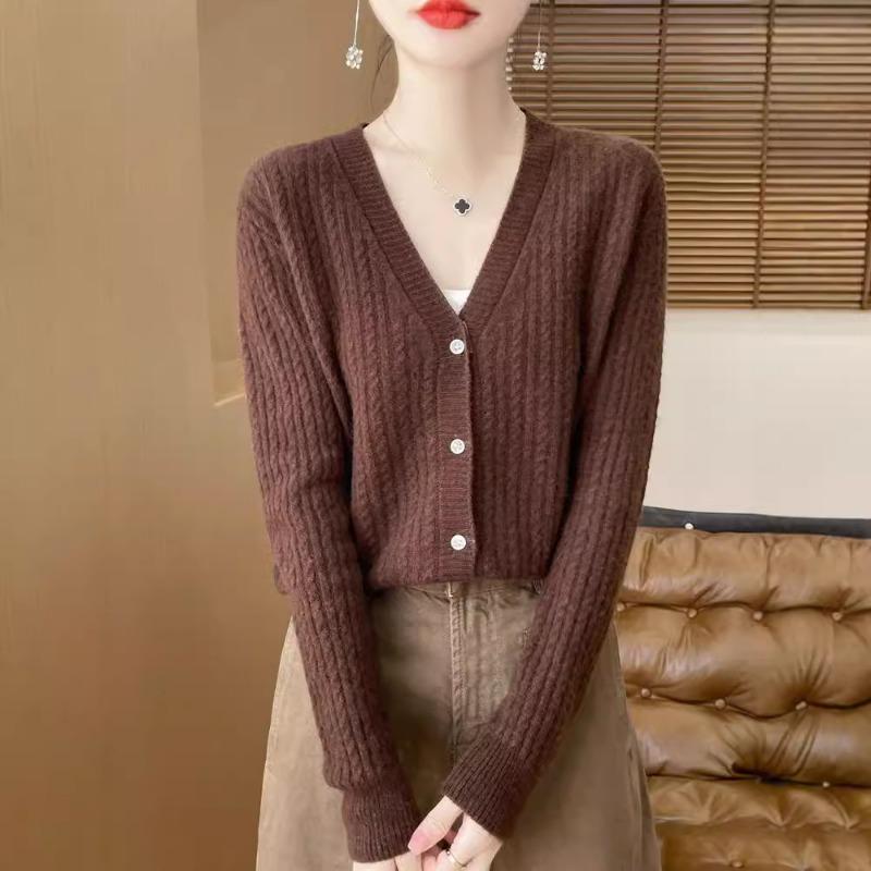 Niche V-neck twist knitted cardigan women's short jacket long-sleeved sweater loose and thin top