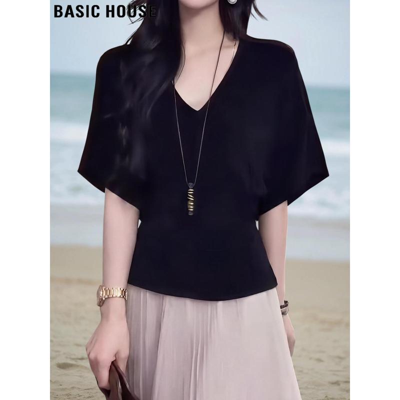 Basic House Women s V-Neck Batwing Sleeve T-Shirt M чёрный