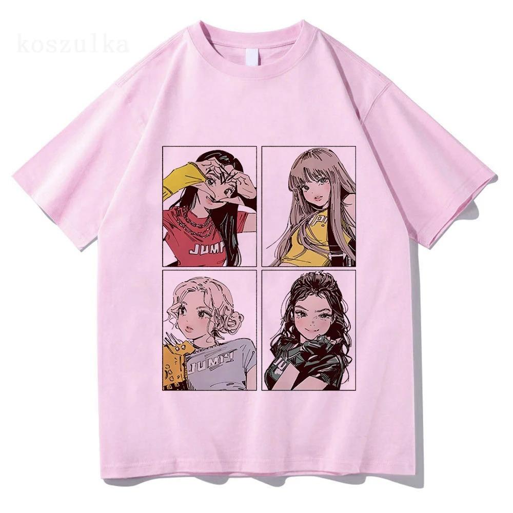 K-pop Style Anime Girl Quartet Panel T-Shirt, Unisex JUMI Graphic Streetwear Tee, 100% Cotton Casual Short Sleeve Top