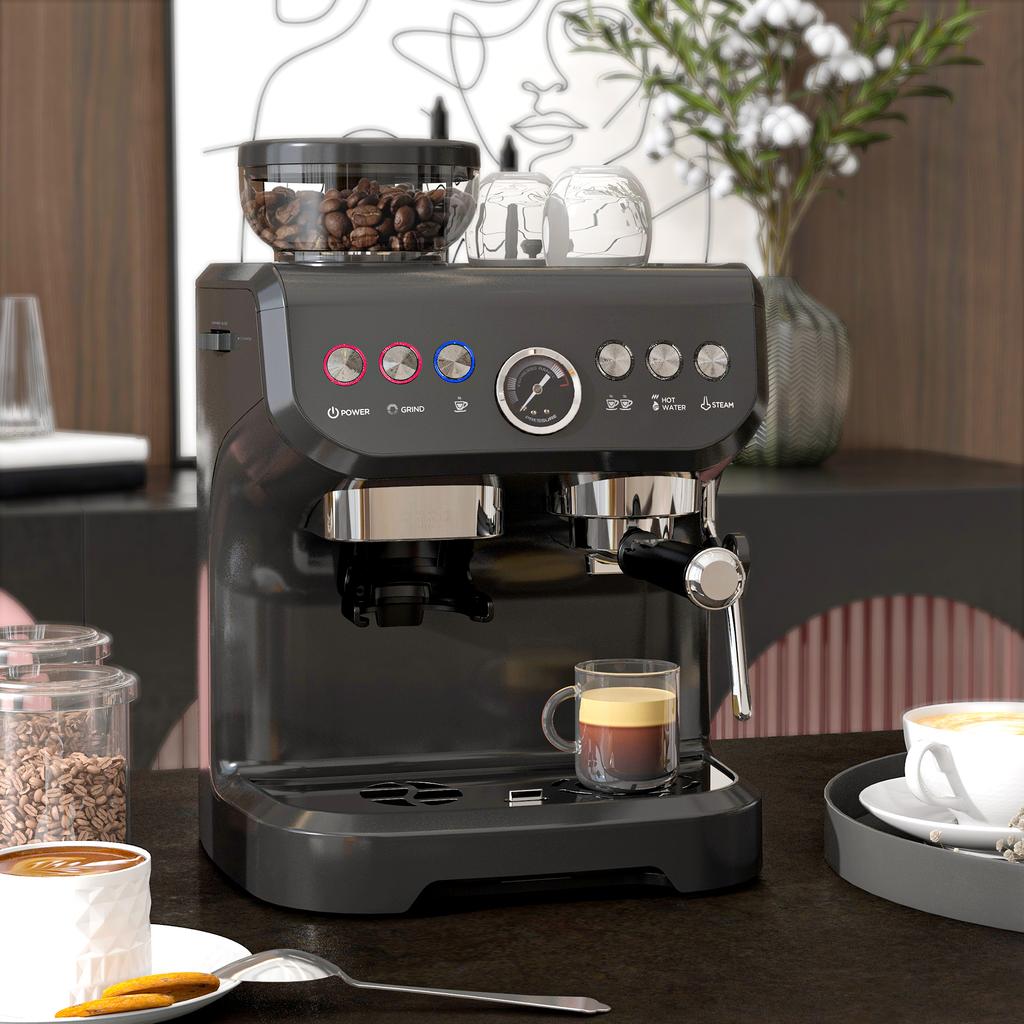 Espresso Machine, 1600 W, Built-In Grinder, Steam Wand, 15-Bar Pump, 2 L Water Tank, Black