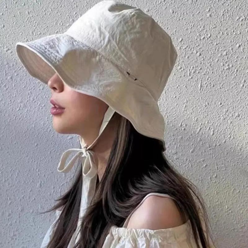 Fashion Solid Color Sunscreen Bucket Hat Breathable Thin Fisherman Hat Wide Brim Lace-up Sun Hat Beach Travel Basin Hats Korean
