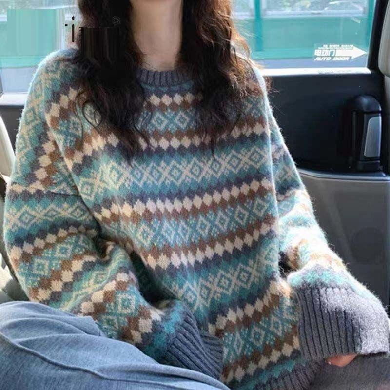 Winter Autumn Retro Jacquard Knitwear Pullover Sweaters for Women Top Vintage Long Loose Sweats Warm Jersey Jumper