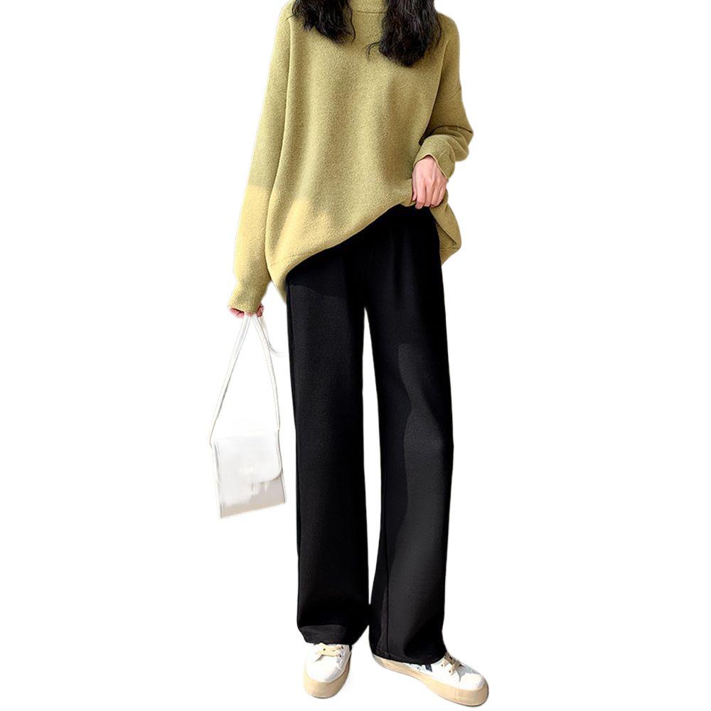 Women's Black High-Waisted Wide-Leg Pants - Spring Casual, Loose-Slimming, Floor-Length, Versatile, Drapey Straight Suit Pants