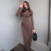 Shirring Women Classic Long Dress Autumn New Solid Long Sleeve High Collar Body-Shaping Vestidos Mujer Concise Trend Robe