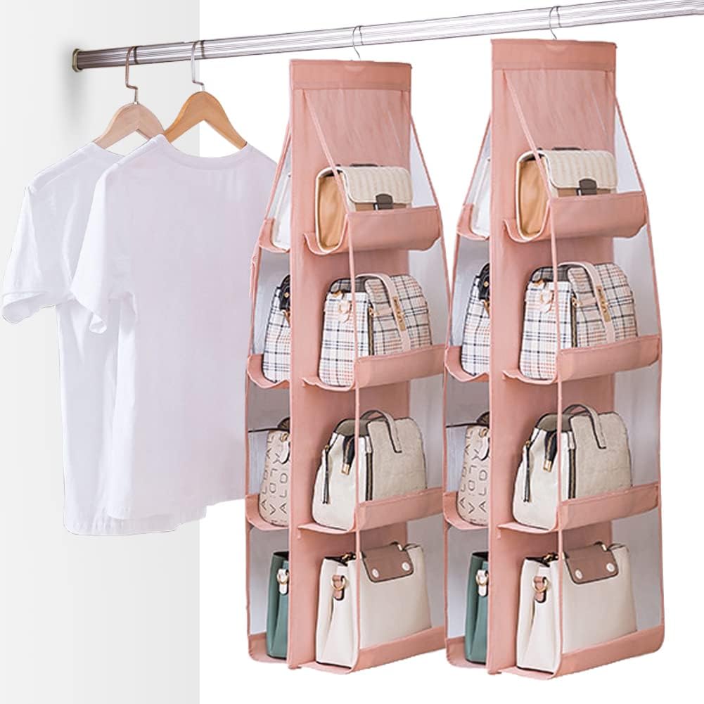 2pcs 8 Pockets Hanging Purse Handbag Organizer Clear Hanging Shelf Bag Collection Storage (Pink*2)