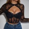 Sexy Lace Hollow Out Long Sleeve Fitted Top With Flower Pattern A1299