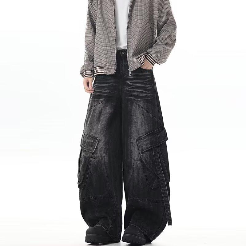 Jeans Larghi Unisex a Vita Media Deostrutturati Vestibilità Larga Vintage Americano Lavato Baggy in Denim Pantaloni Rilassati Lunghi Fino a Terra