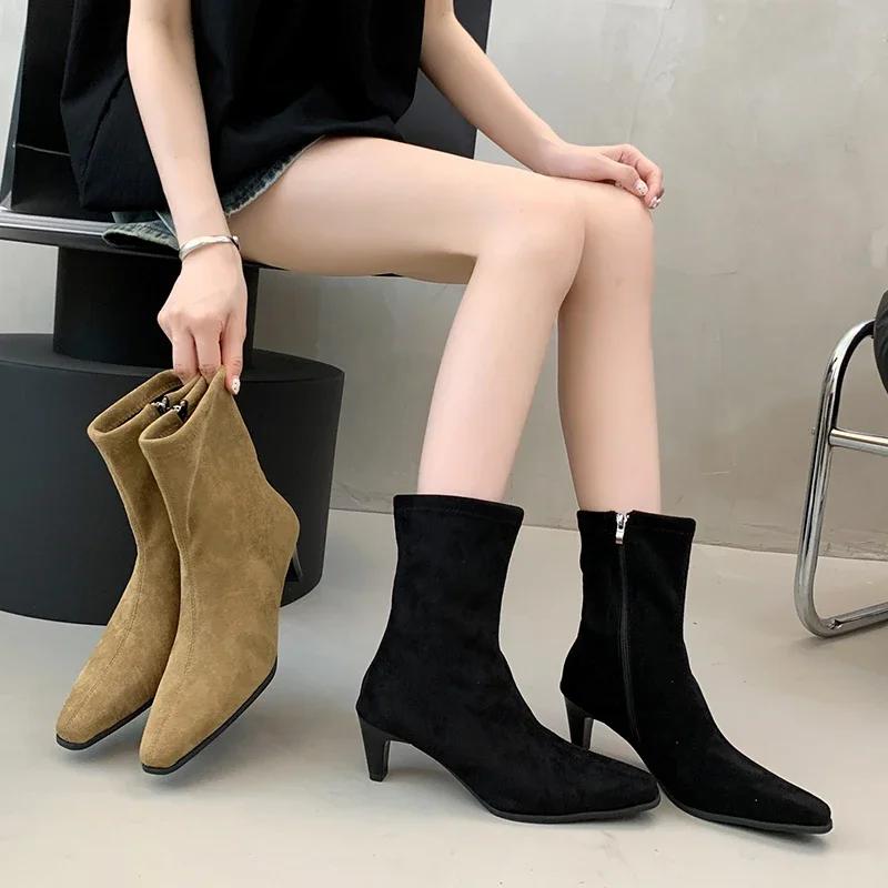 Fashion Stretch Booties Fashion and Versatile Women 2025 New Pointed Toe Sexy Suede Mid-leg Boots