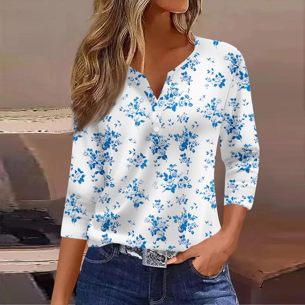 Ladies Casual Fashion V-neck Loose Versatile Floral Print Three-quarter Sleeve Top
