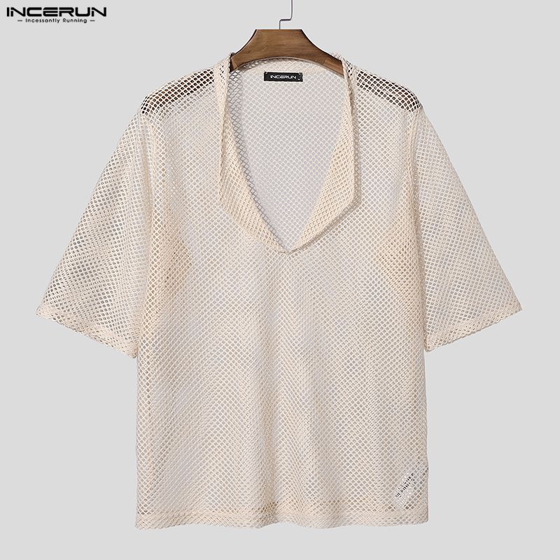 INCERUN Oversized Men Deep V Long Sleeve Hollow Loose T-shirts Tops