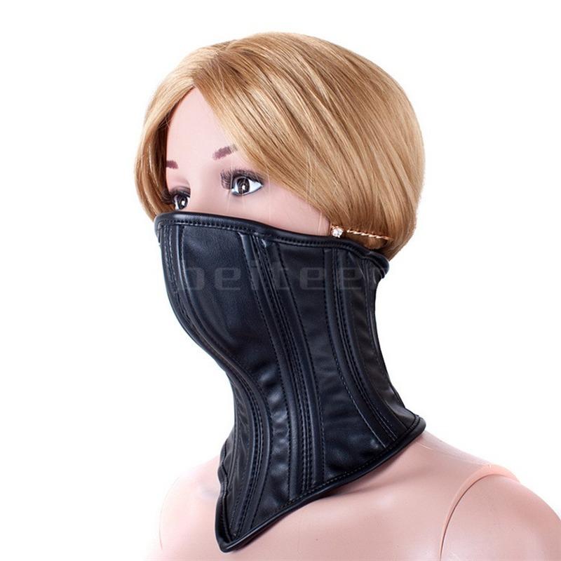 Lockable PU Leather Neck Collar Posture Restraints Roleplay Half/Full Face Mask Bondage Harness  Adult Game Sex Toys