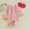 Infant Girl Valentine's Day Jumpsuit with Bow Headband Long Sleeve Ruffled Heart Print Zip Up Romper