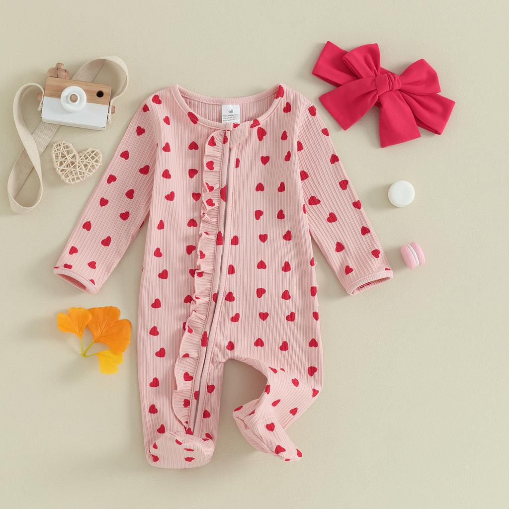 Infant Girl Valentine's Day Jumpsuit with Bow Headband Long Sleeve Ruffled Heart Print Zip Up Romper