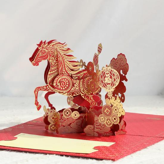 3D Pop-Up-hälsningskort för kinesiskt nyår 2026, hästens år, med kuvert, vårfestivalpresenter för familj och vänner
